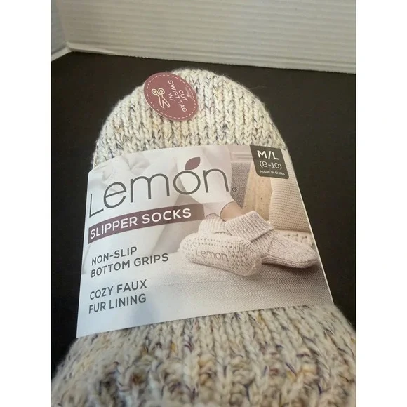 Lemon Womens L/XL Cream New Faux Fur Lined Non-Slip Marled Knit Slipper Socks - Picture 5 of 6